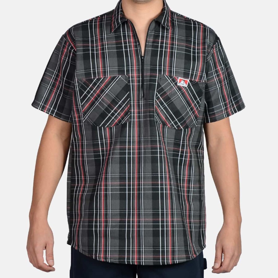 Shirts Ben Davis Co | Short Sleeve Plaid 1/2 Zip Shirt - Black/Red