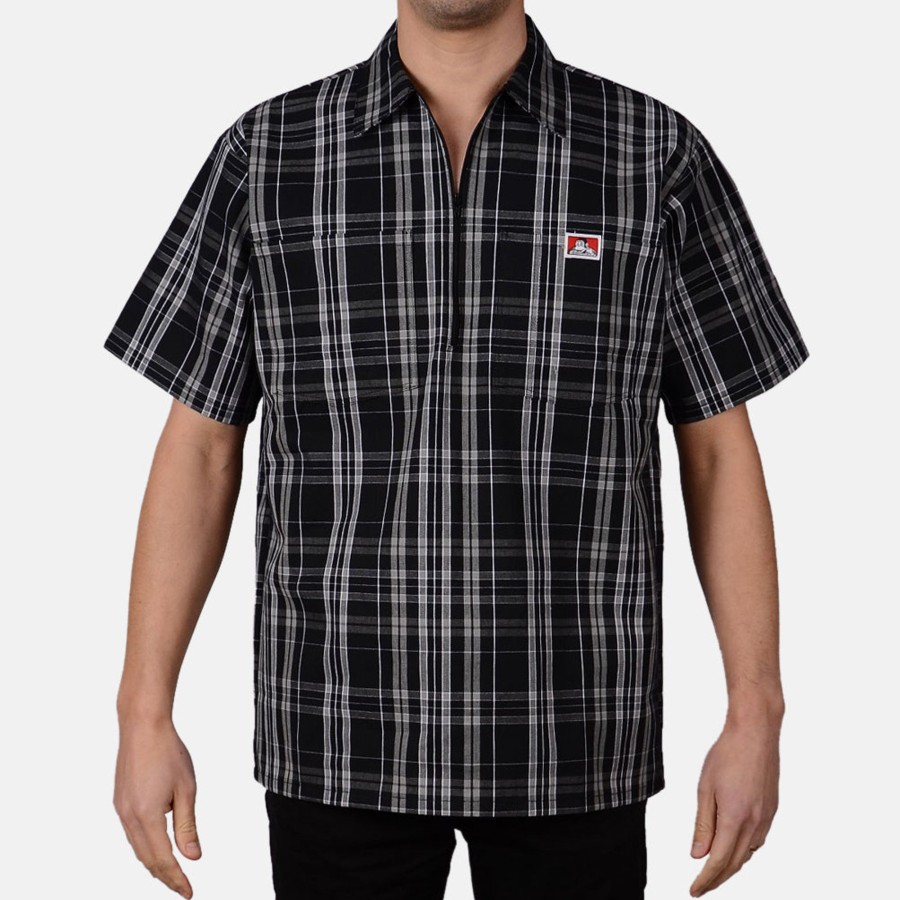 Shirts Ben Davis Co | Short Sleeve Plaid 1/2 Zip Shirt - Black/White