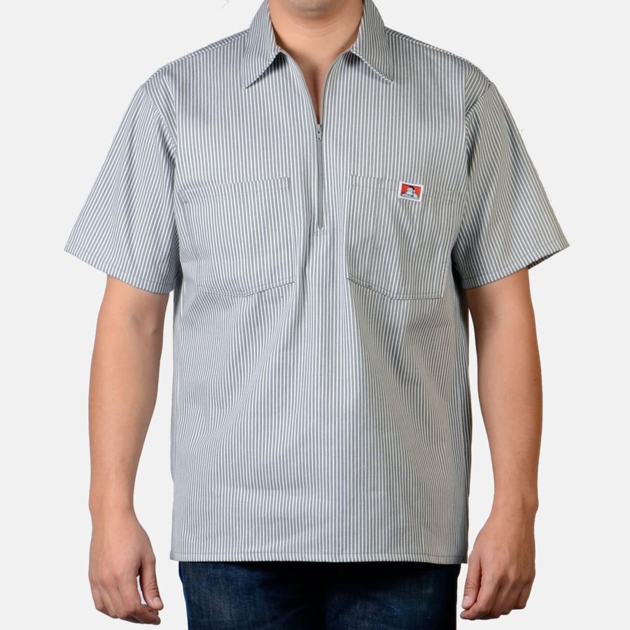 Shirts Ben Davis Co | Short Sleeve Striped 1/2 Zip Shirt - Grey