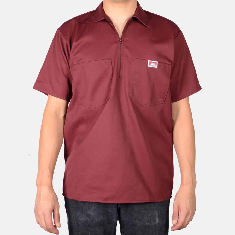 Shirts Ben Davis Co | Short Sleeve Solid 1/2 Zip Shirt - Burgundy