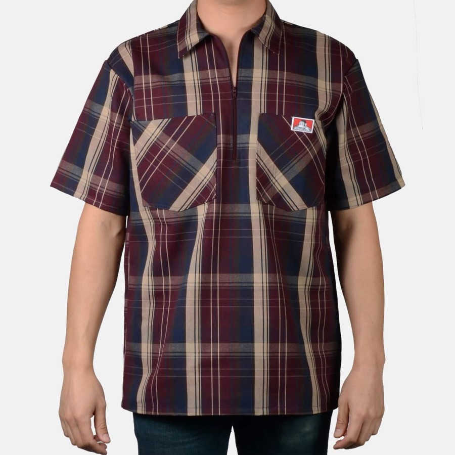 Shirts Ben Davis Co | Short Sleeve Plaid 1/2 Zip Shirt - Burgundy