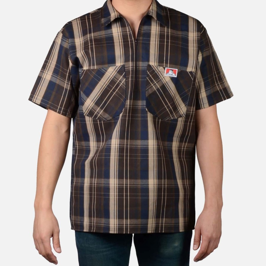 Shirts Ben Davis Co | Short Sleeve Plaid 1/2 Zip Shirt - Brown