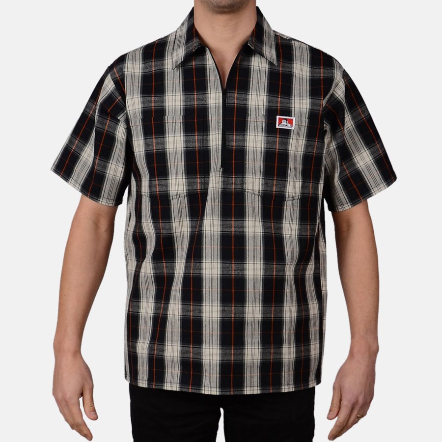 Shirts Ben Davis Co | Short Sleeve Plaid 1/2 Zip Shirt - Black/Cream