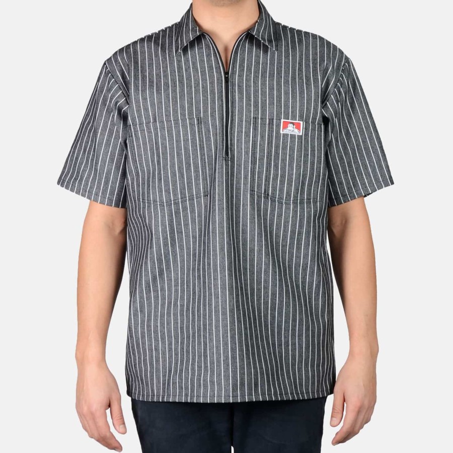 Shirts Ben Davis Co | Short Sleeve Striped 1/2 Zip Shirt - Butcher Stripe