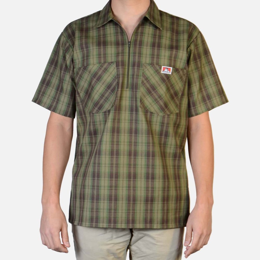 Shirts Ben Davis Co | Short Sleeve Plaid 1/2 Zip Shirt - Olive