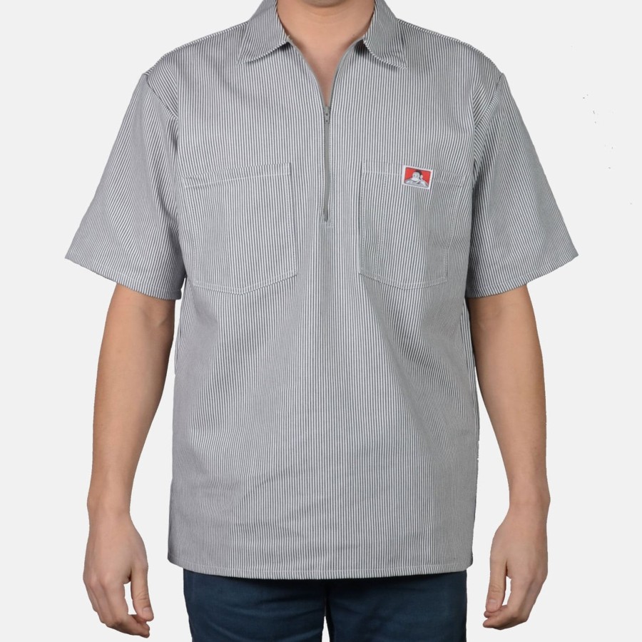 Shirts Ben Davis Co | Short Sleeve Striped 1/2 Zip Shirt - Hickory