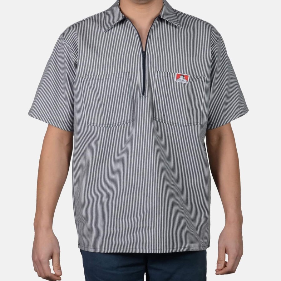 Shirts Ben Davis Co | Short Sleeve Striped 1/2 Zip Shirt - Navy