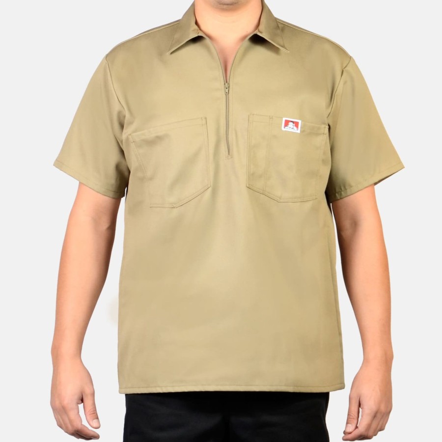 Shirts Ben Davis Co | Short Sleeve Solid 1/2 Zip Shirt - Khaki