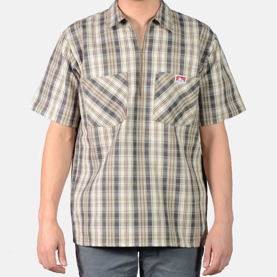 Shirts Ben Davis Co | Short Sleeve Plaid 1/2 Zip Shirt - Khaki/Grey