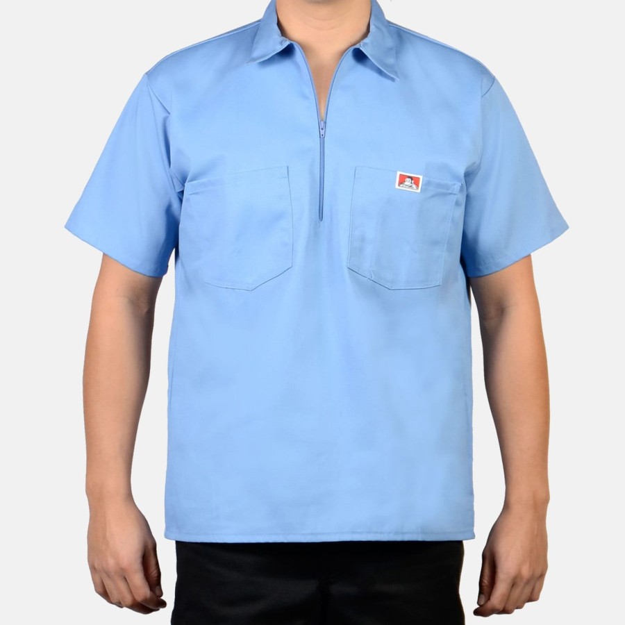 Shirts Ben Davis Co | Short Sleeve Solid 1/2 Zip Shirt - Light Blue