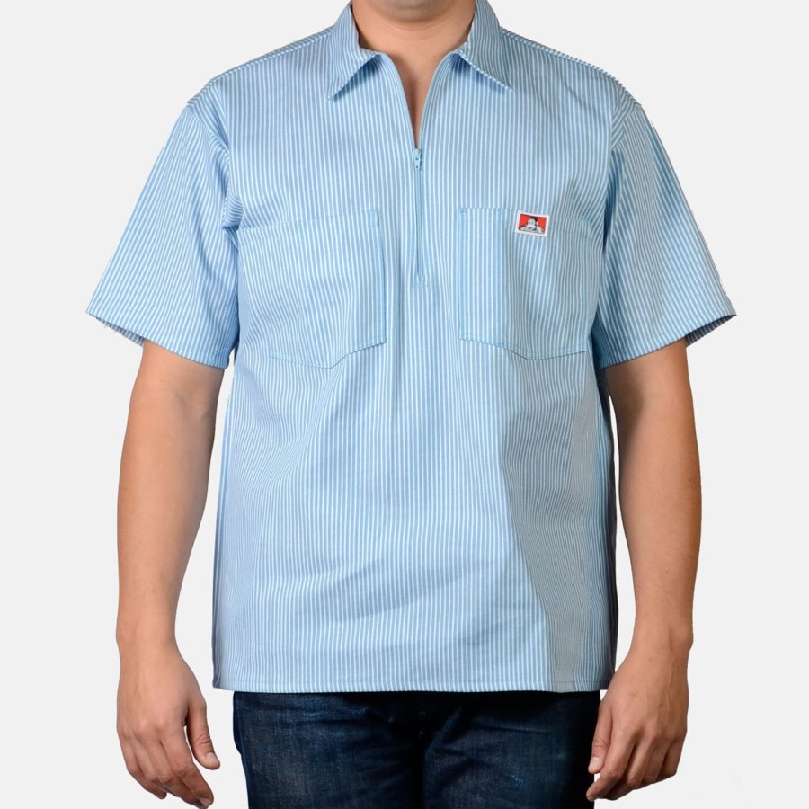 Shirts Ben Davis Co | Short Sleeve Striped 1/2 Zip Shirt - Blue