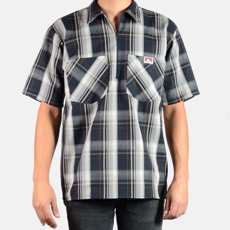 Shirts Ben Davis Co | Short Sleeve Plaid 1/2 Zip Shirt - Navy/Grey