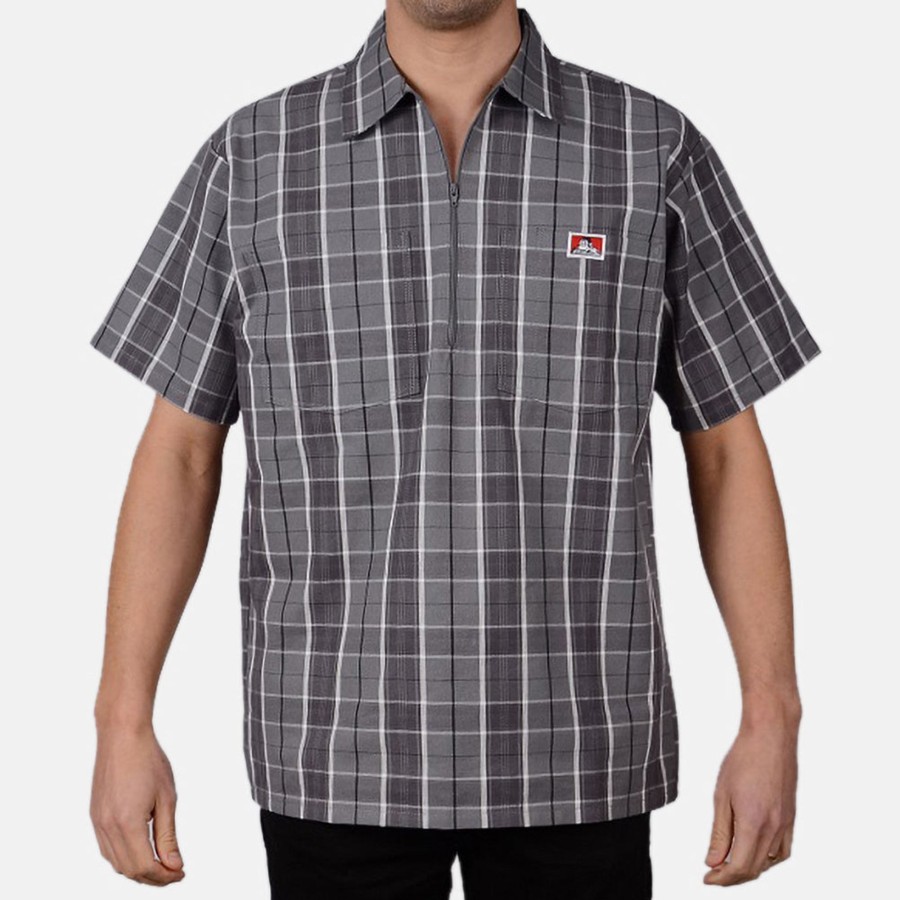 Shirts Ben Davis Co | Short Sleeve Plaid 1/2 Zip Shirt - Grey/Black